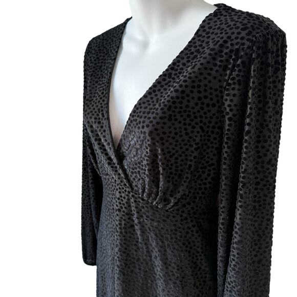 Fit & Flare Black Dress Small Faux Wrap Long Sleeves Burnout Velvet Polka Dot - Picture 14 of 15